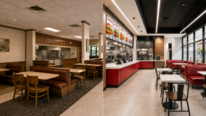 Restaurant renovation before and after showing a dated restaurant transformed into a modern fast-food interior in Ontario